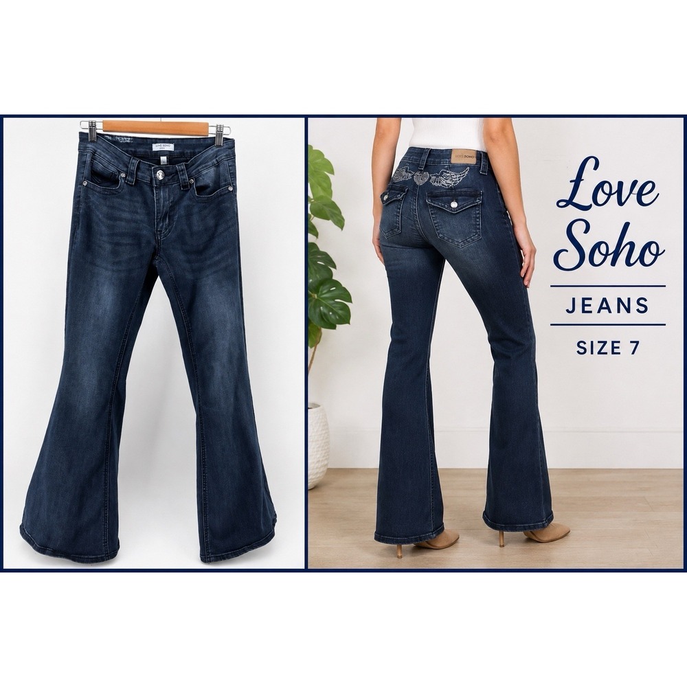 Love Soho Denim Flare Jeans Juniors Sz 7 Y2K Rhinestone Wing Heart Low Rise